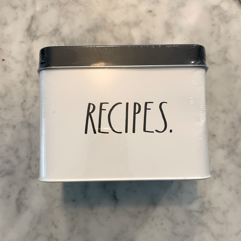 New, in the plastic a Rae Dunn metal recipe box!